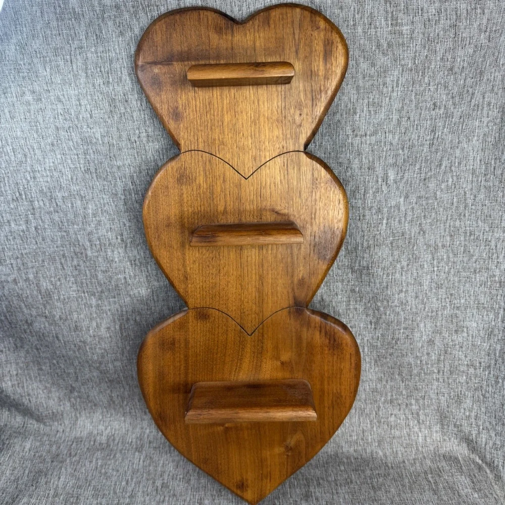 Vintage CottageCore Triple Heart Wood Wall Shelf Stacked 3 Tier Display Trinkets